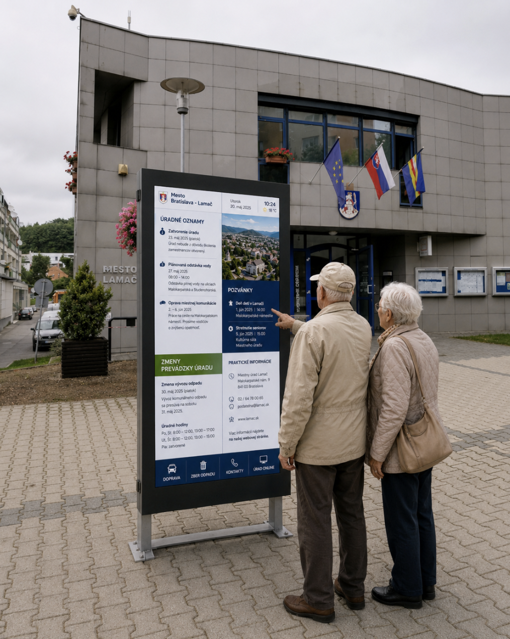 Seniori pri digitálnej informačnej tabuli pred Miestnym úradom Bratislava-Lamač