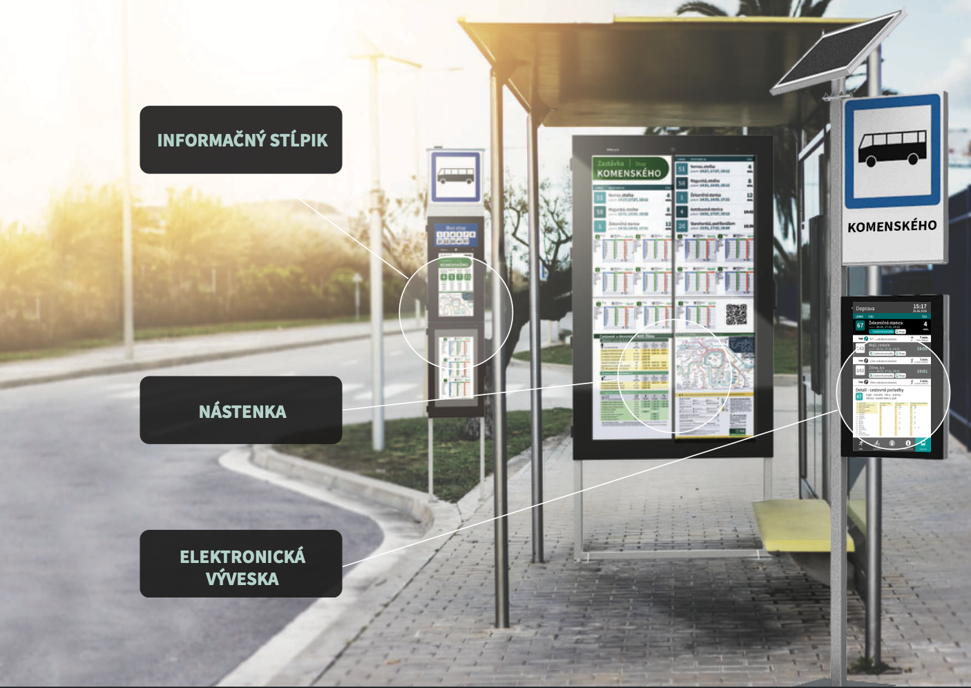 Digitálne riešenia EMlines pre autobusové zastávky — označník, nástenka, výveska